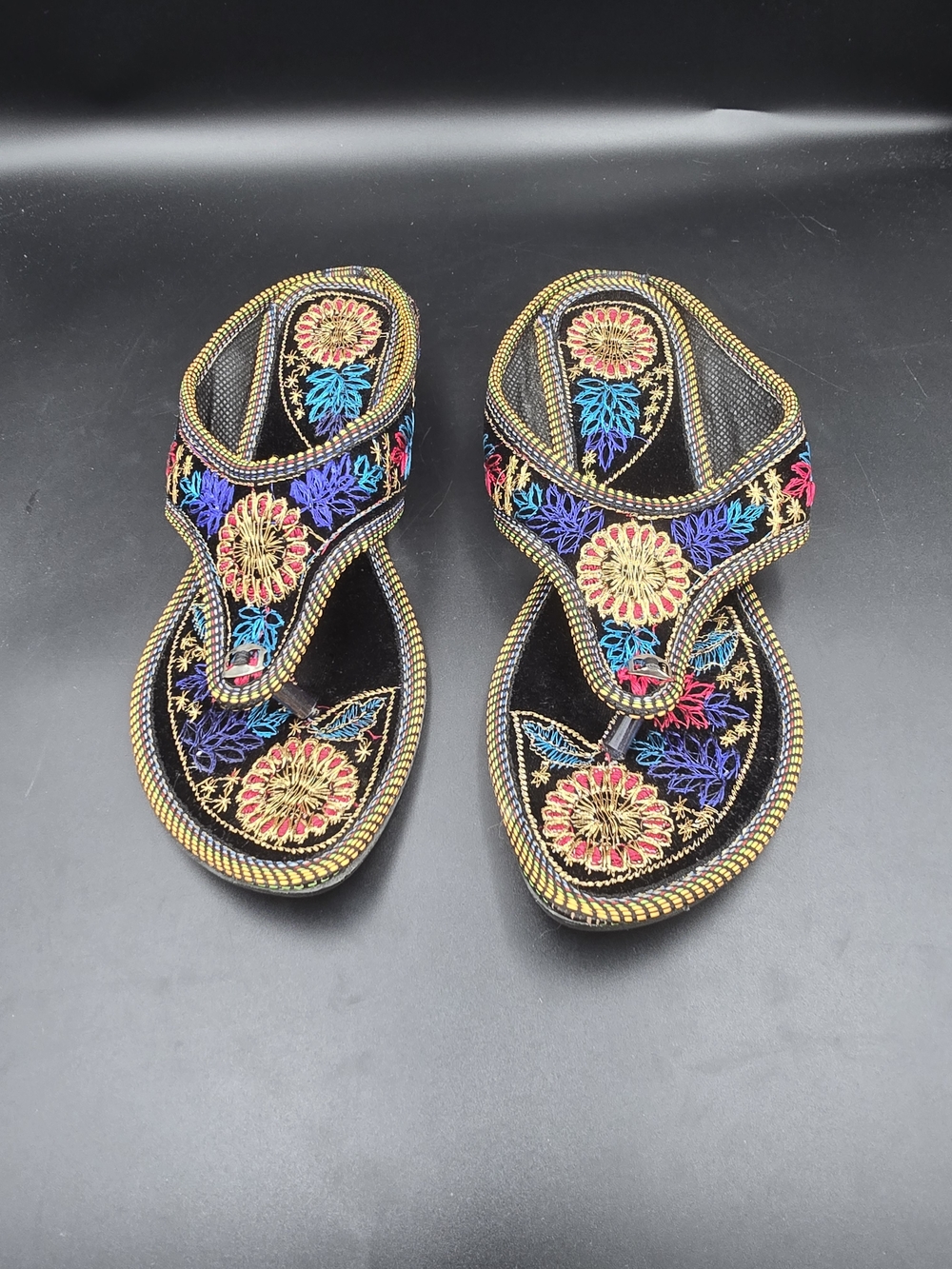 Black Embroidered Floral Thong Sandals with Multicolor Accents